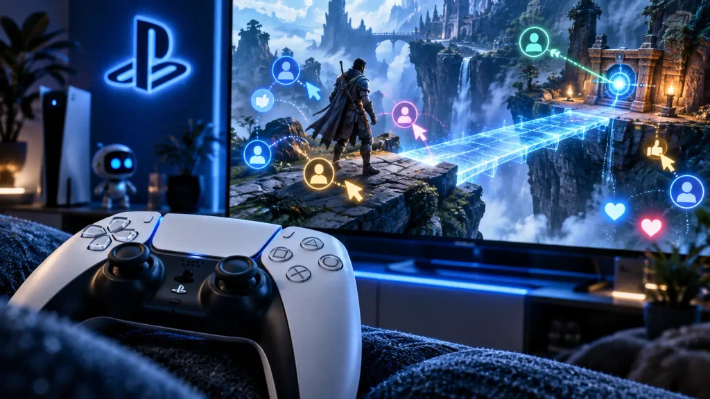 Контроллер PlayStation 5 на фоне игрового мира, в котором зрители помогают игроку с помощью интерактивных указателей и реакций.