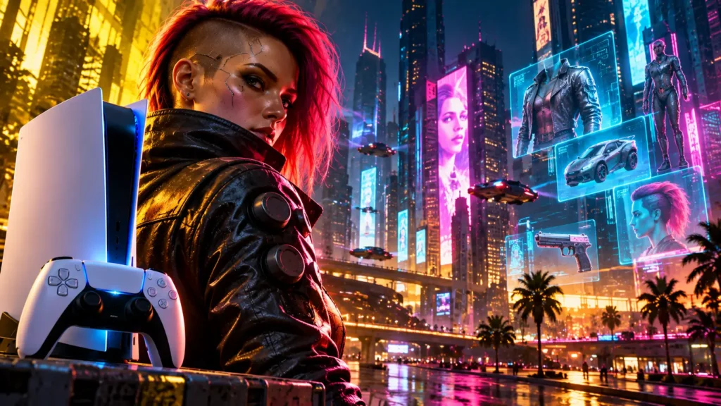моды для Cyberpunk 2077 на PS5 – иллюстрация с Ви и PlayStation 5
