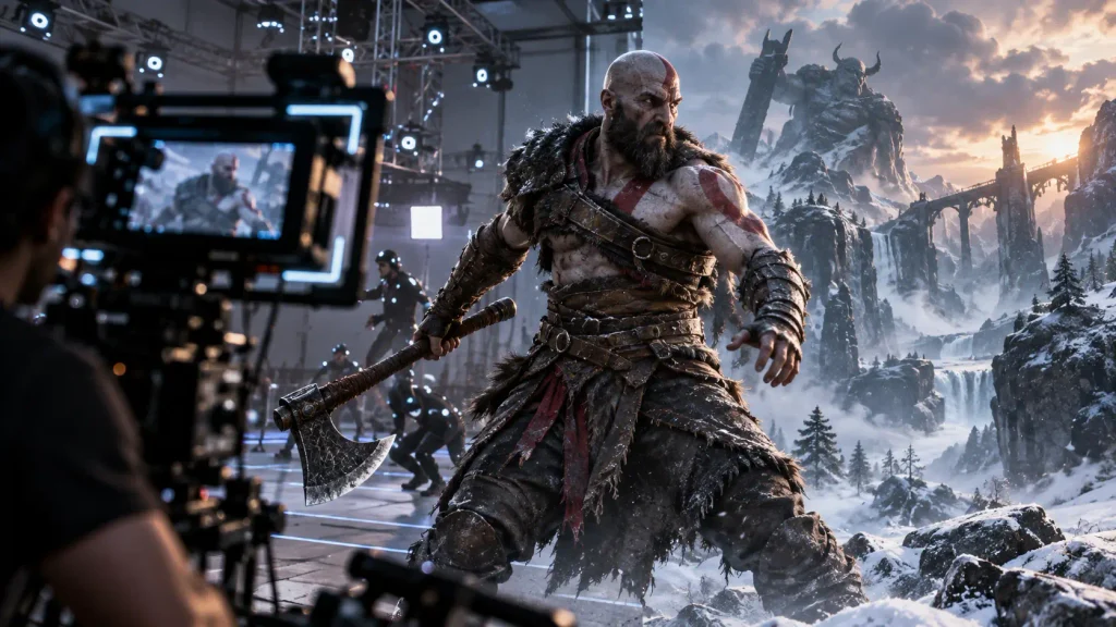 Кратос с топором на фоне съемочной площадки и заснеженного мира God of War