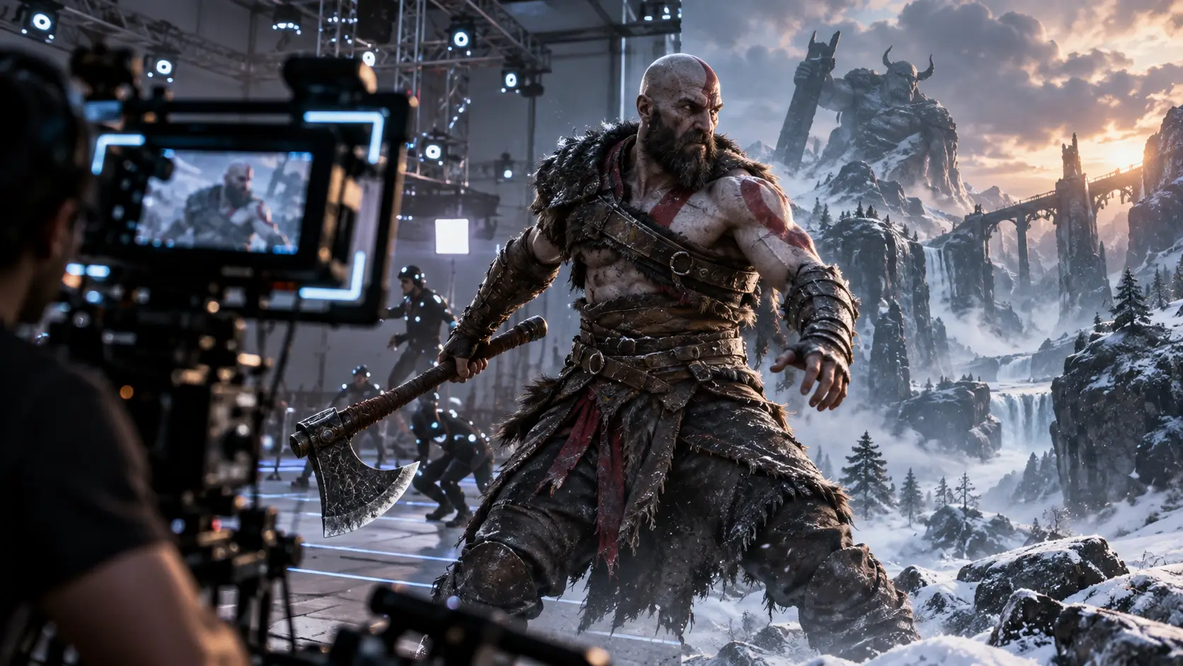 Кратос с топором на фоне съемочной площадки и заснеженного мира God of War